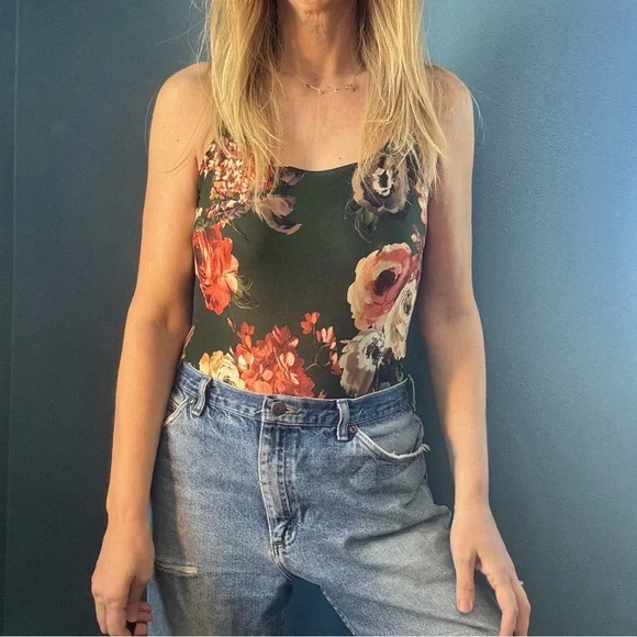 Polly & Esther Green Floral Spaghetti Strap Thong Bodysuit - Picture 4 of 10